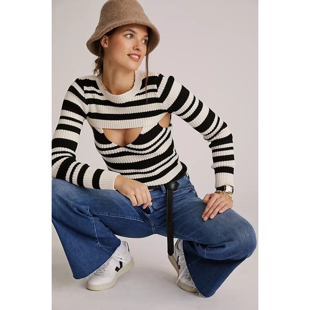Maeve black and white striped knit tank and sweater shrug set MEDIUM